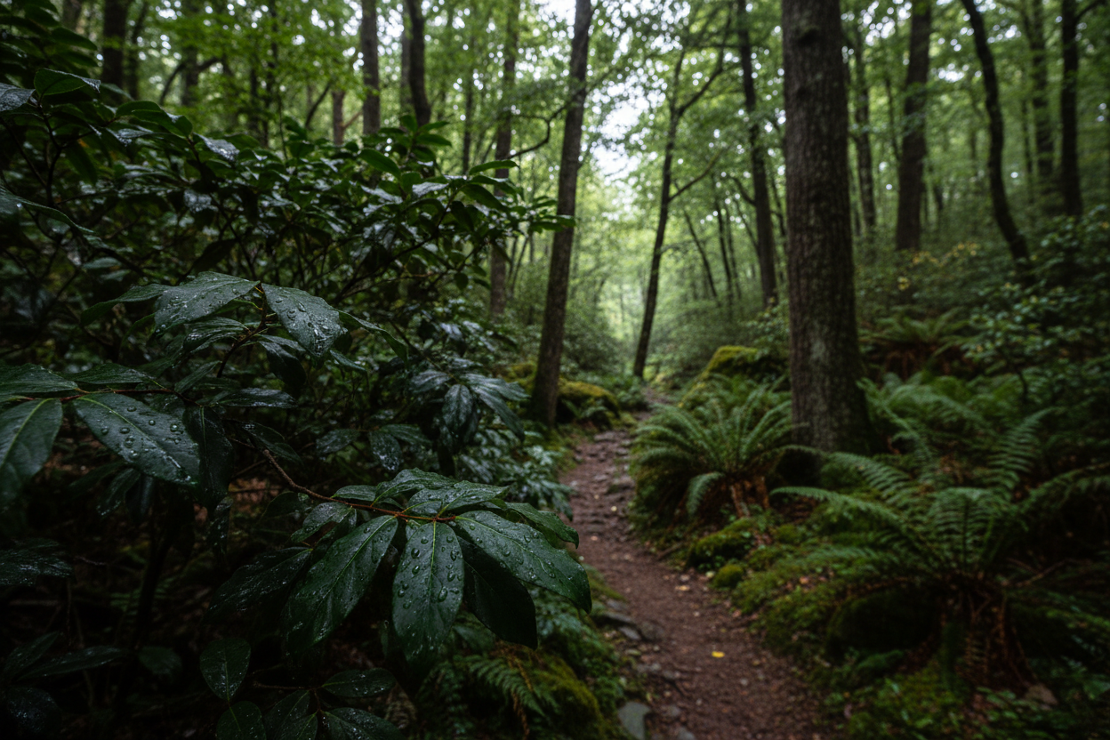 a lush forest you would see on a hike with a zoom in shot of dark leaves of a bush
